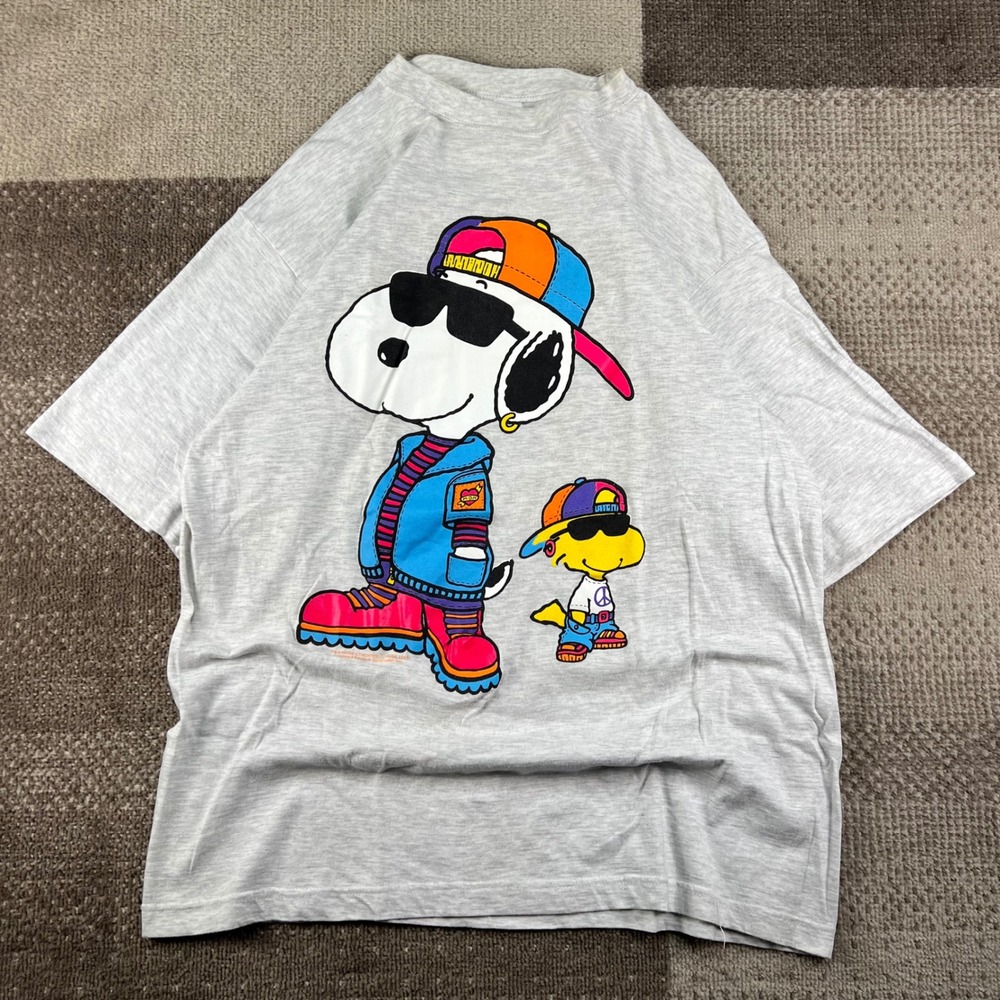 Vintage Peanuts Snoopy Woodstock Hip Hop Graphic Tee Gray Mens Size XL